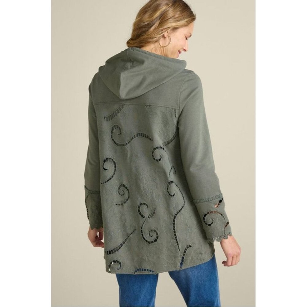 Soft Surroundings Olive Green Eyelet Embroidery Hoodie Top Petite Medium PM g2